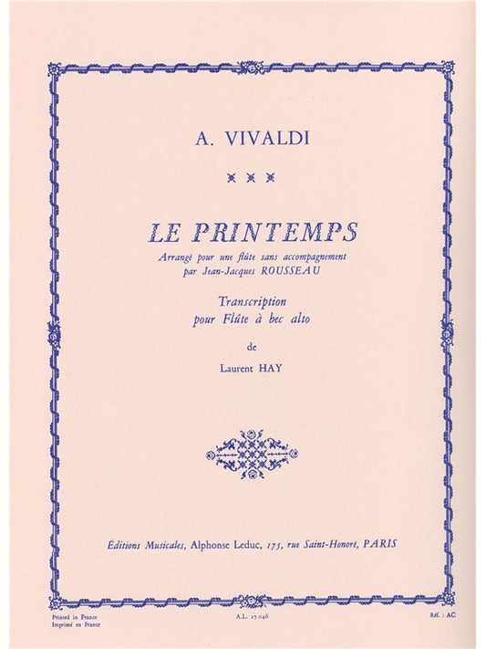 Spring en mi majeur arranged for Alto Recorder Solo